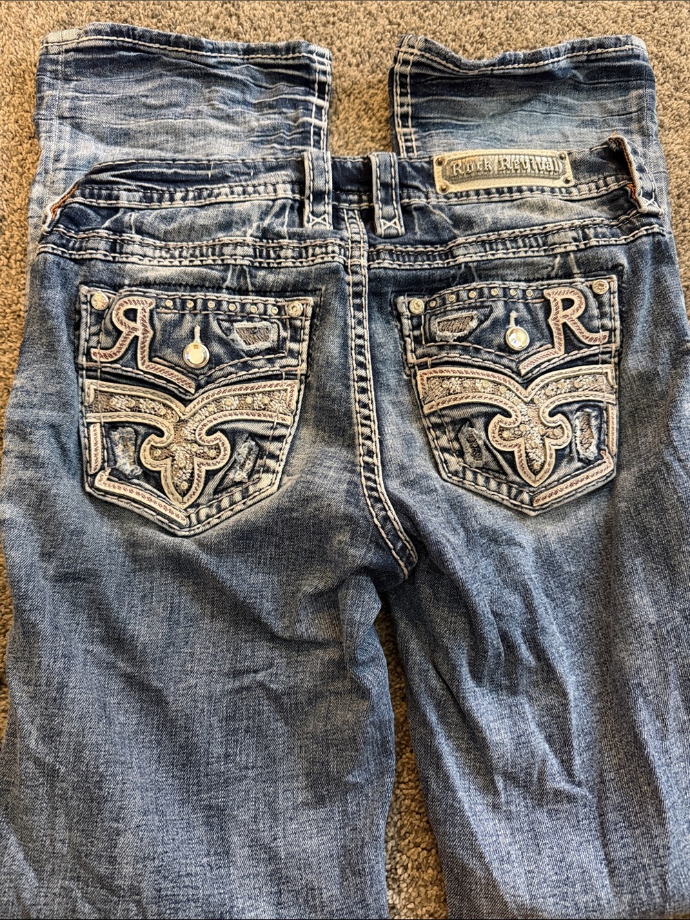 Rock Revival Women’s Distressed Blue Embellished Back Pocket Jeans